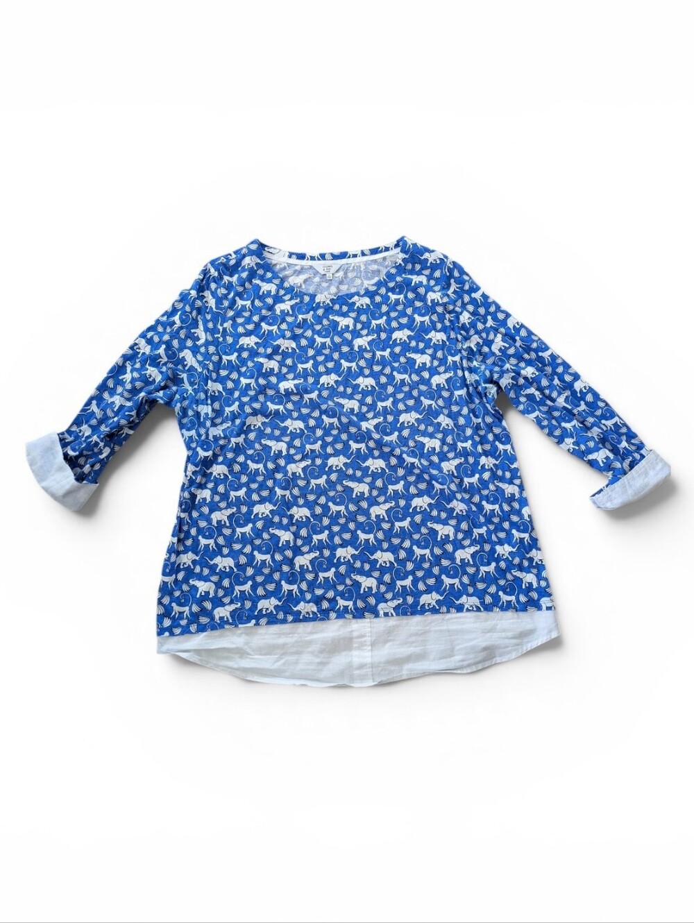 Crown & Ivy Woman Blue & White Elephant Print Top - Size 2X